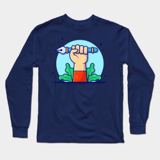 Cute Hand With Pen Tool Cartoon Vector Icon Illustration Long Sleeve T-Shirt